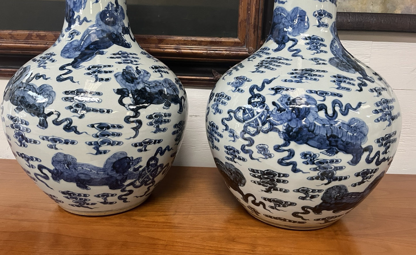 PAIR OF LARGE CHINESE BLUE & WHITE PORCELAIN BOTTLE NECK VASES, 24"H x14"