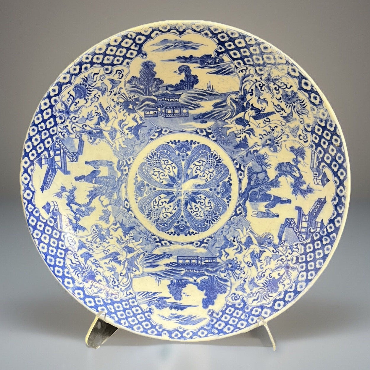LARGE JAPANESE BLUE & WHITE PORCELAIN CHARGER, 18"DIAM
