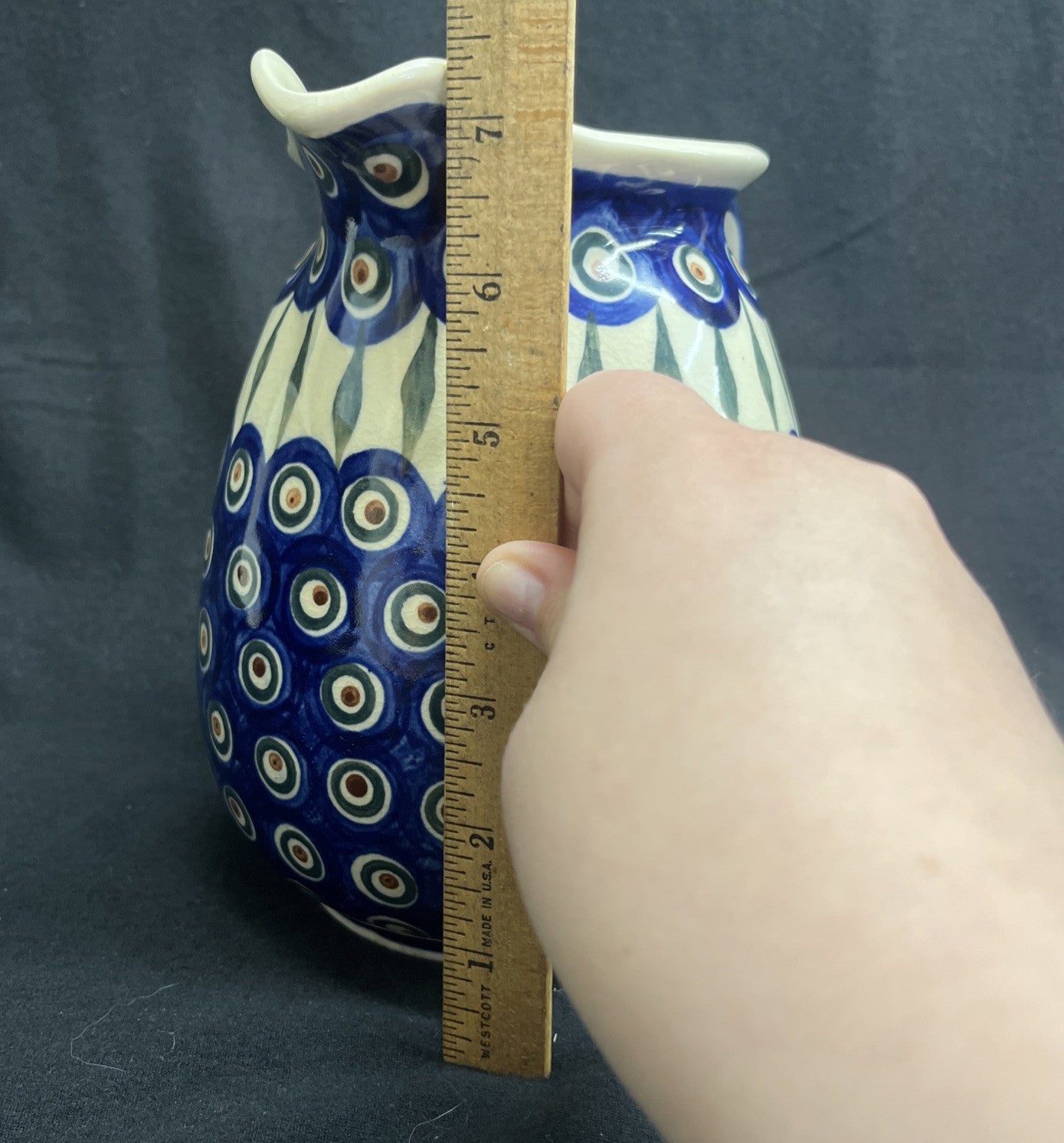 Boleslawiec Polish Pottery 56 oz Pitcher, Peacock Pattern, 7.5 in