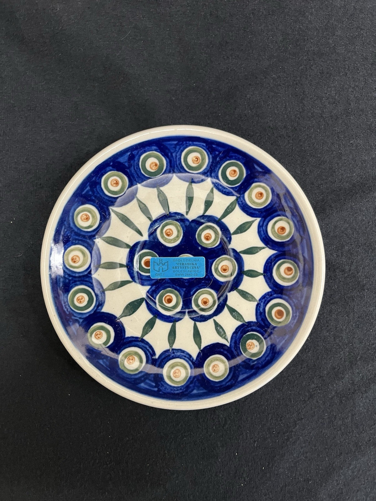 Boleslawiec Polish Pottery Cup and Saucer, Peacock Pattern